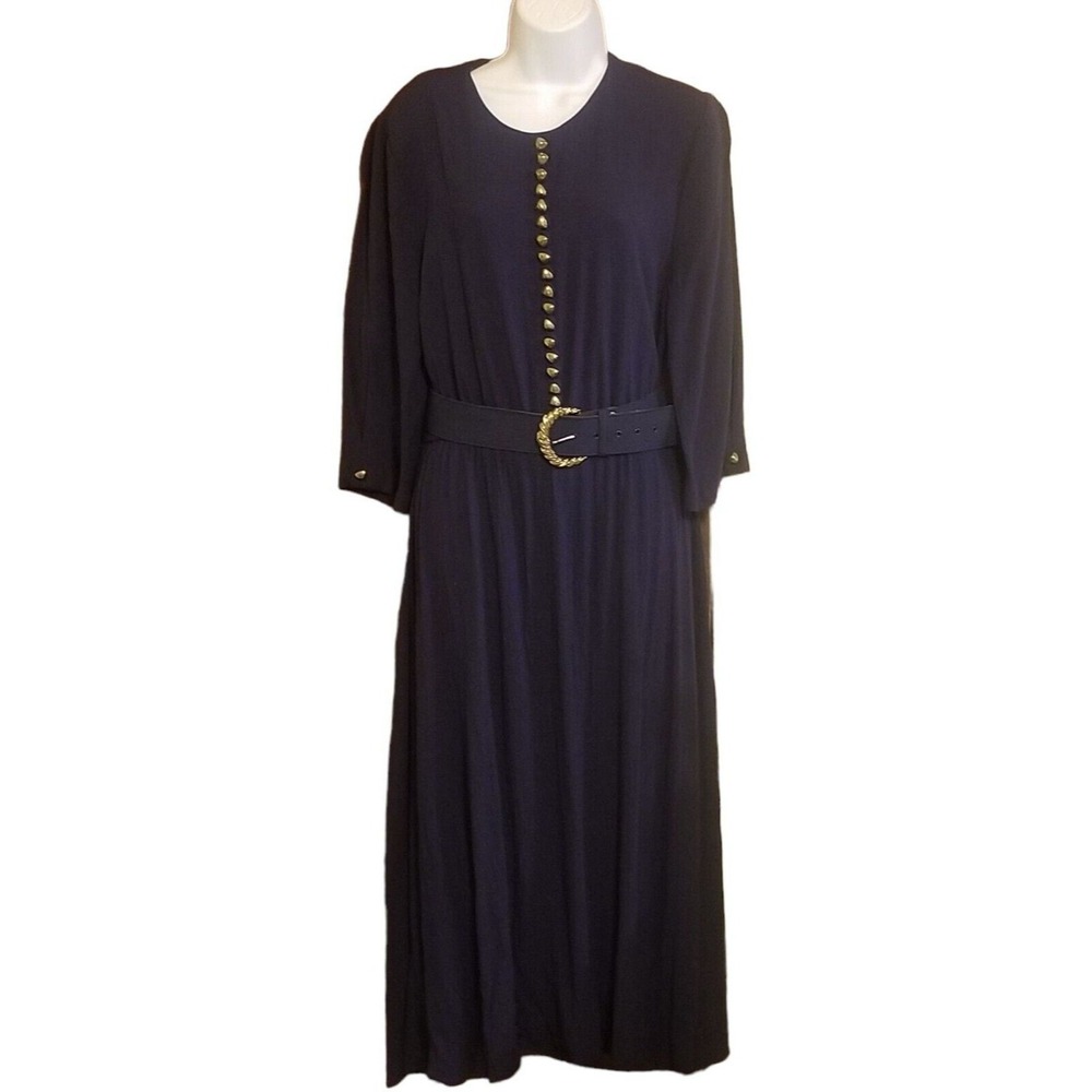 Vintage 80's Impulsive Women's Dress M Midi 3/4 Sleeve Navy Belted Buttons